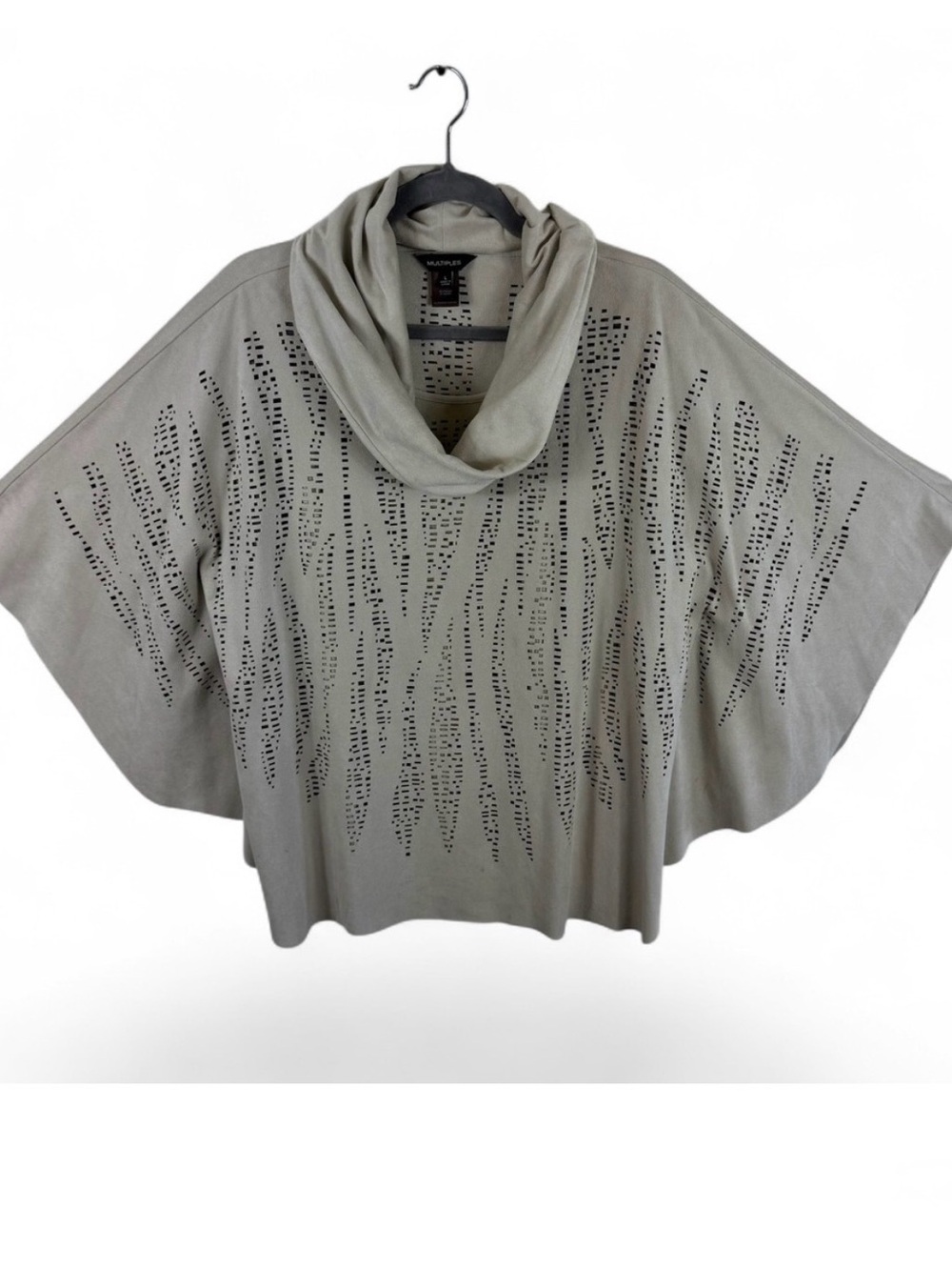 Multiples Womens Taupe Faux Suede Laser Cut Cowl Neck Poncho Top Large Beige
